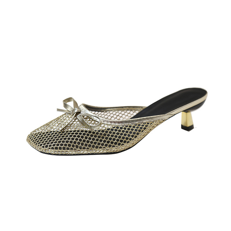 Luxury Brand Designer Shoes Plus Size Gold Bow Hollow Toe Sandals For Women, Summer 2025 Slip-On Thin Heel Mules
