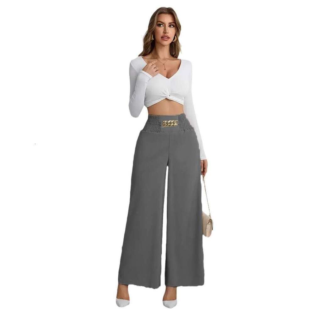 New High-Waisted Slimming Elegant Commuter Solid Color Chain Gathered Spring And Autumn Wide-Leg Pants B5