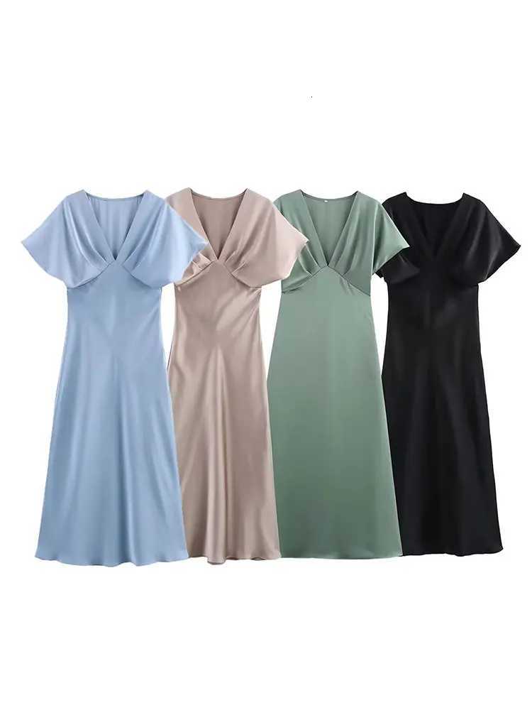 TRZA Women Ele Solid Satin Dress Sexy V Neck Short Sleeve Midi Dress 2025 New Fashion Summer Lady Holidays Party Dress XJ250722