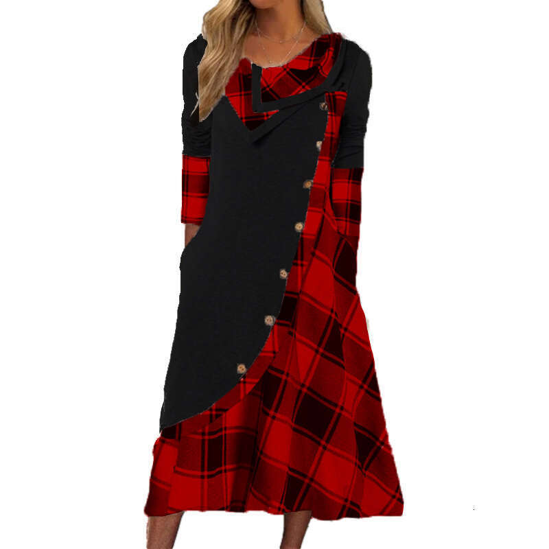 Women's Striped Plaid Patchwork Pocketed Pile Collar Plus Size Long Sleeve Dress B5