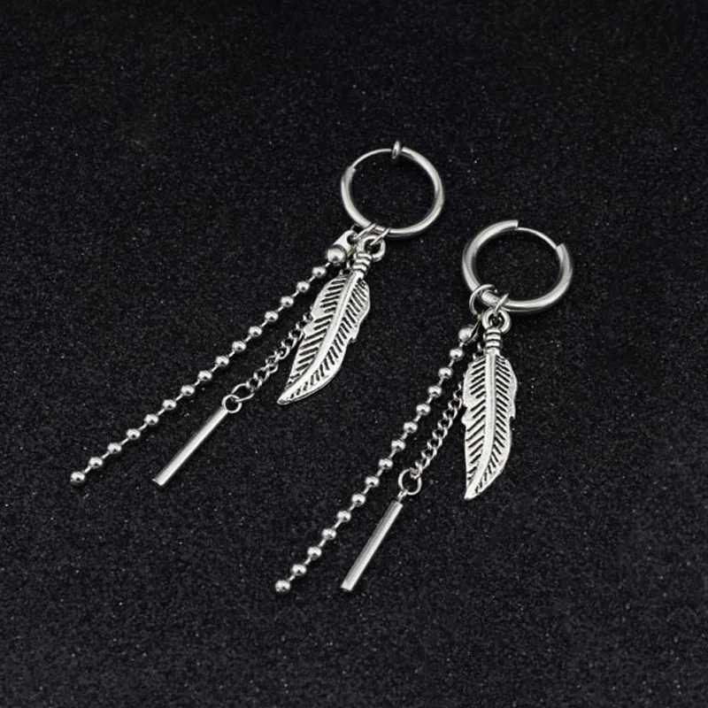 1 PC Boy Korean Punk Stainless Steel Cross Hoop Earring For Men Long Chain Tassel Moon Rock Hip Hop Piercing Stud JewelryXJ250722