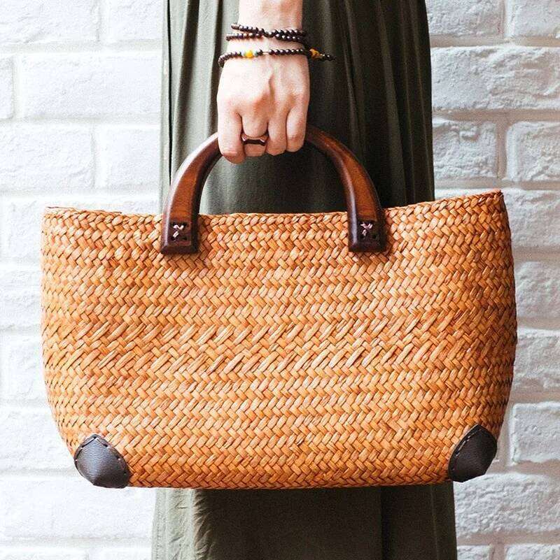 Handmade Retro Rattan Straw Woven Handy Beach Simple Art Weaving Bag City Bag