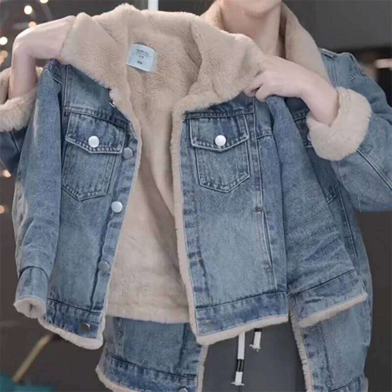 Girls Plus Veet Thick Denim Jacket Winter Warm Padded Coat Children's Loose Lapel Outerwear New Casual Parkas 4-12 Years Old