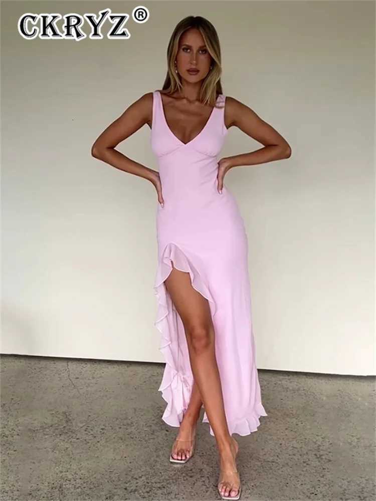 2025 Ladies Summer Ruffle Evening Birthday Party Dress Women Sleeveless Backless Side Slit Long Dresses Clubwear Women Clothes XJ250722