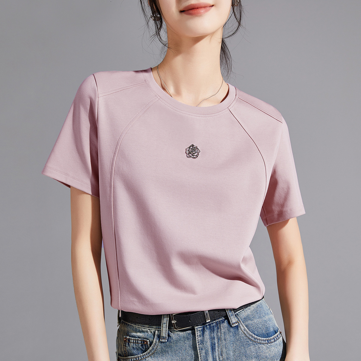 Camellia Liquid Ammonia White Short Sleeve Regular Shoulder TShirt for Women 25 Summer Mercerized Cotton Round Neck Base Shirt Womens TShirt Half Slee