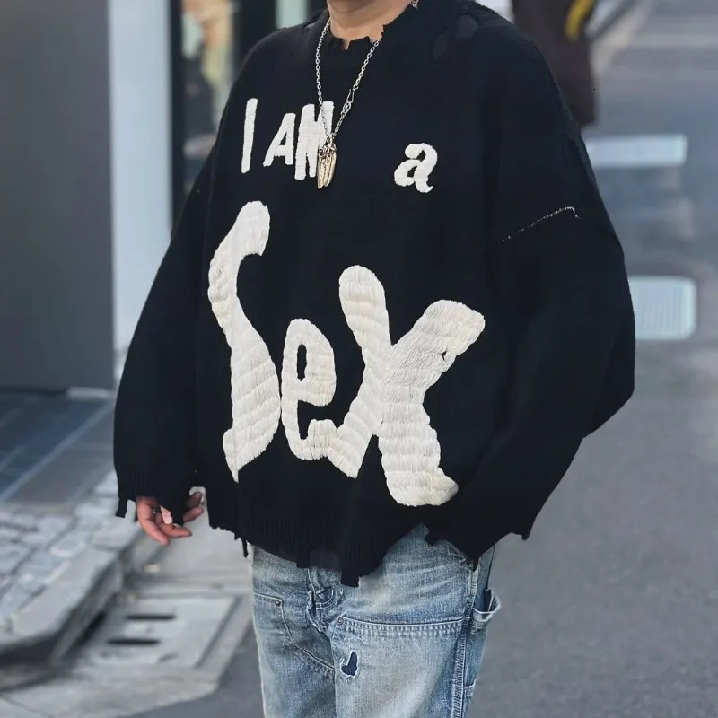 Winter Wool Saint Round Neck Needle Embroidery Letters Ripped Style Street Fashion Men Women 1 1 Harajuku Sweater 250717