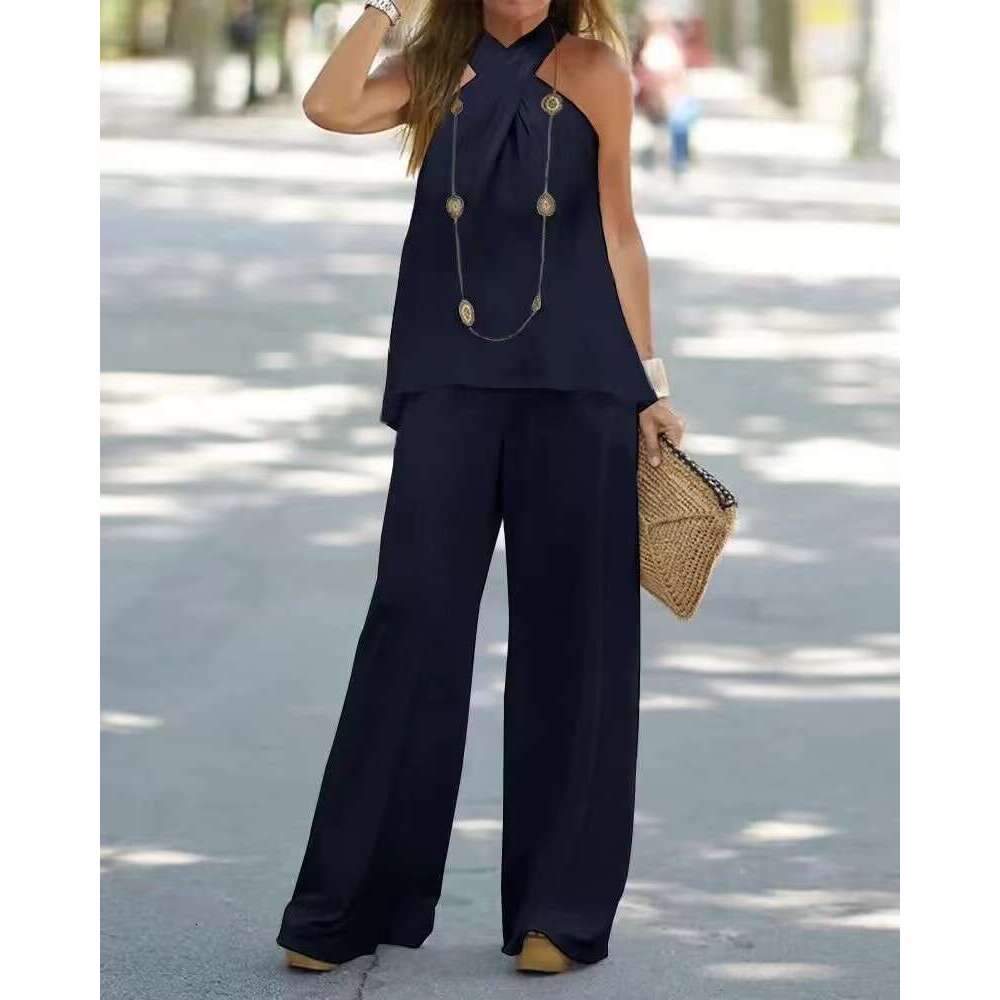 Women's Fashion New Casual Halter Neck Solid Color Sleeveless Wide Leg Long Pants Two-Piece Set B5