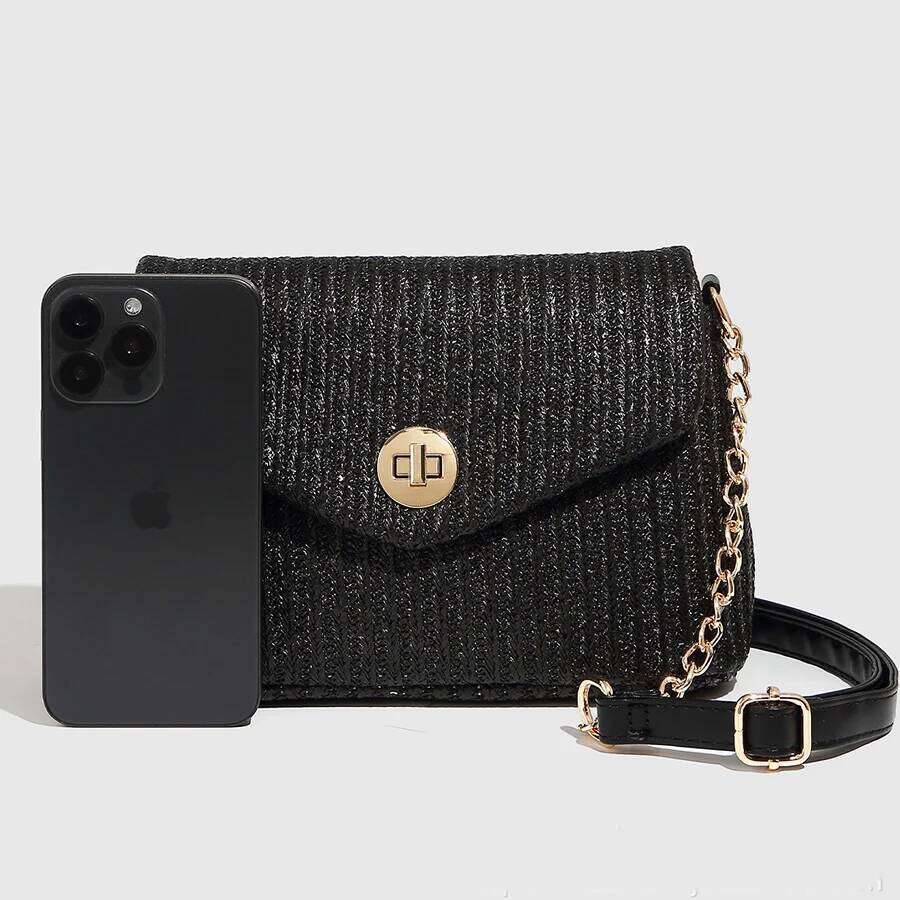 Trend Solid-Color Flip Single-Shoulder Crossbody Woven Women's Black Apricot Small Flap Bags Summer Beach Straw Handbags