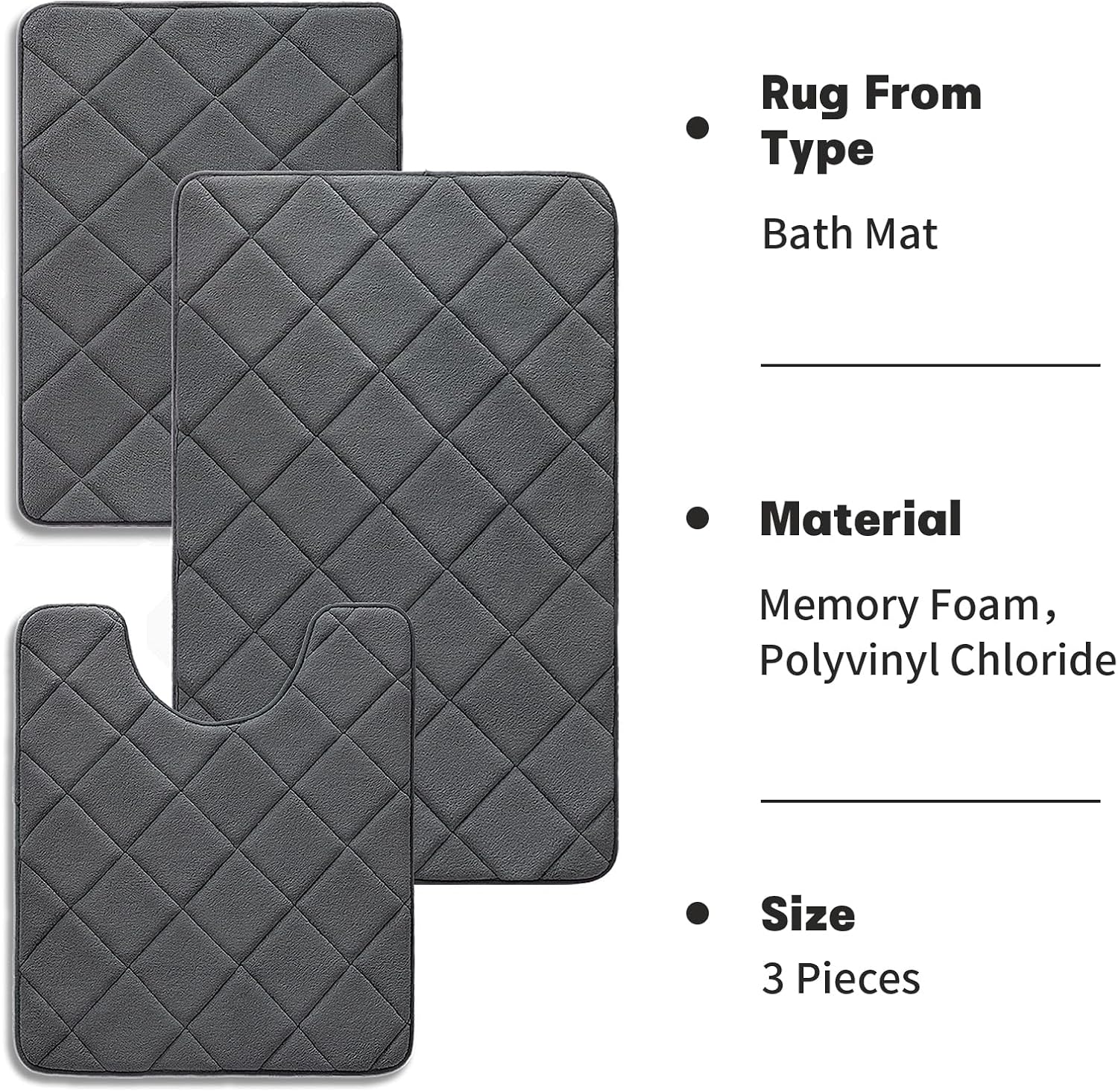 Memory Foam Plaid Quilt Bathroom Rug Set Non-Slip Highly Absorbent Quick-Drying Machine Washable for Toilet Zones Floor (41*61+51*81+51*61cm)