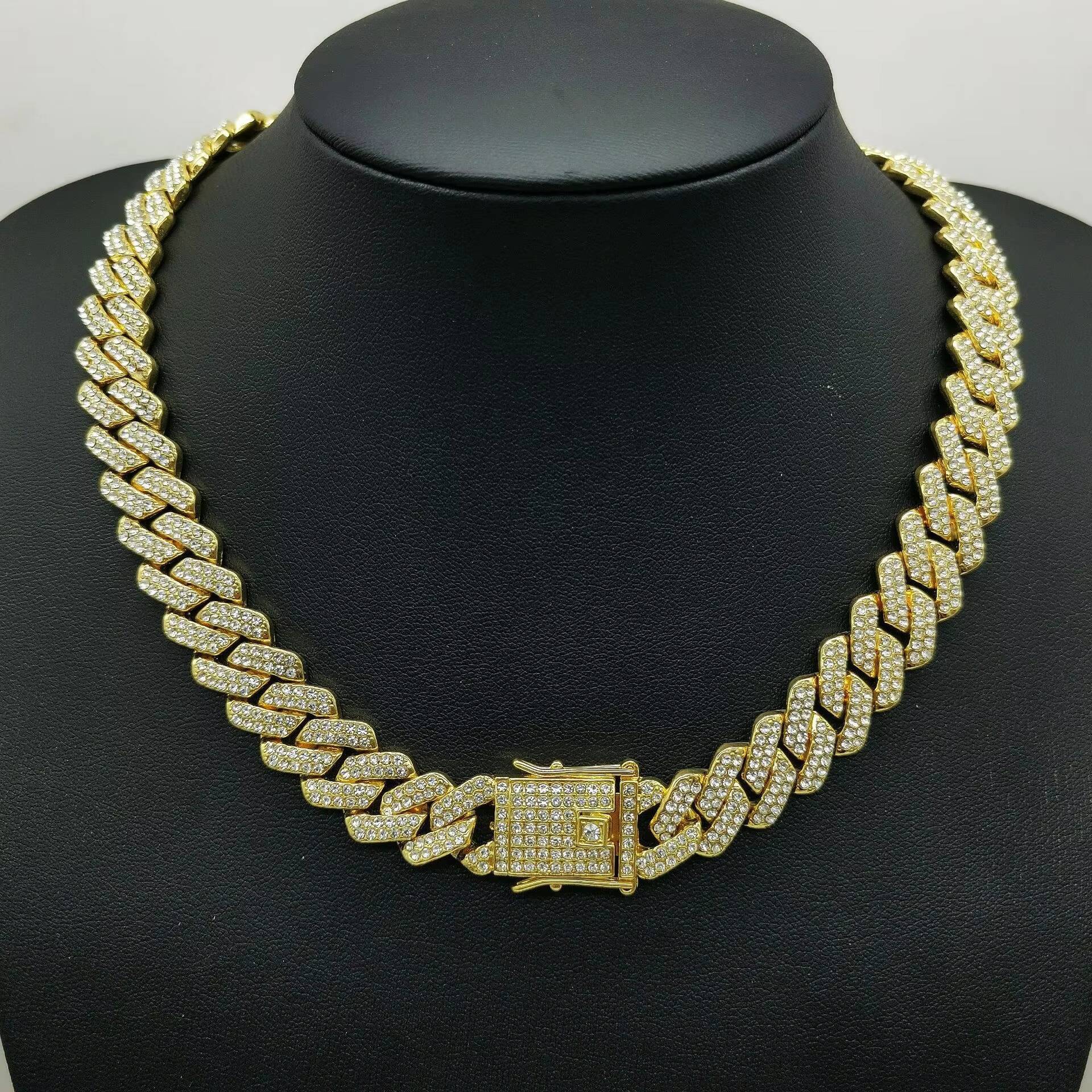 Hip Hop Fashion Jewelry 18K Gold Plated Alloy 14MM Chain Necklace Luxury Full Diamond Zircon Cuban Chain Link Necklace Women Men