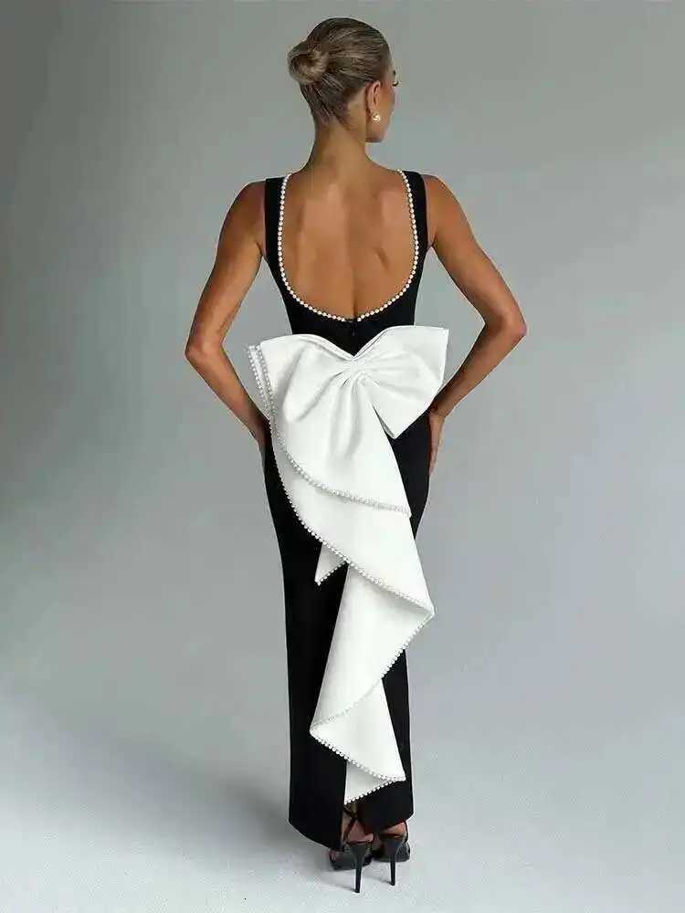 2025 Spring Summer Womens Sexy Party Dress with Pearl Bow Backless Nightclub Maxi Long Slim Bodycon Dresses XJ250722