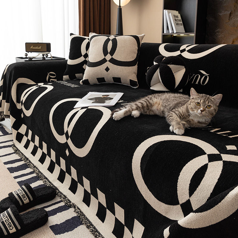 VIKAMA All Season Universal Non Slip Sofa Towel Scandinavian Ins Style Black And White Speckled Floral Sofa Cover Living Room Bedroom Sofa Home Decoration