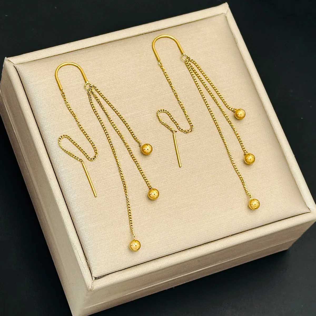 Charm Gold Color Stainless Steel Ball Long Drop Dangle Earrings for Women Exquisite Trend Bride Ear Line Jewelry Gift Colorfast XJ250722
