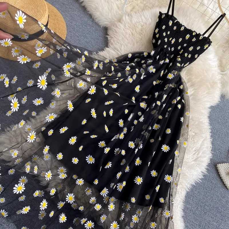 2025 New Korean Fashion Floral Print Spaghetti Straps Mesh Party Dress Vacation Style Women Beach Dress XJ250722