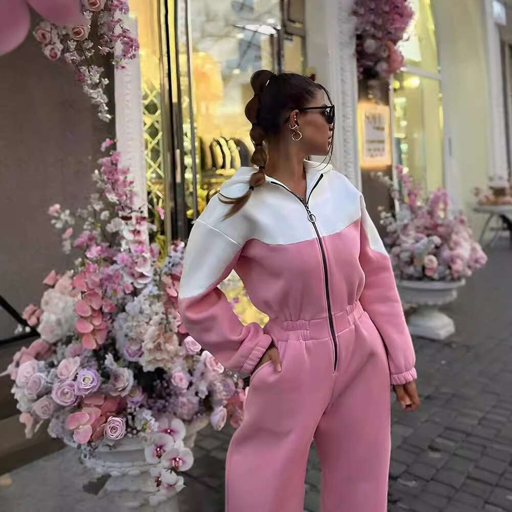 New Women's Fashion Sports Casual Color-Block Long Pants Jumpsuit Set For Women B5
