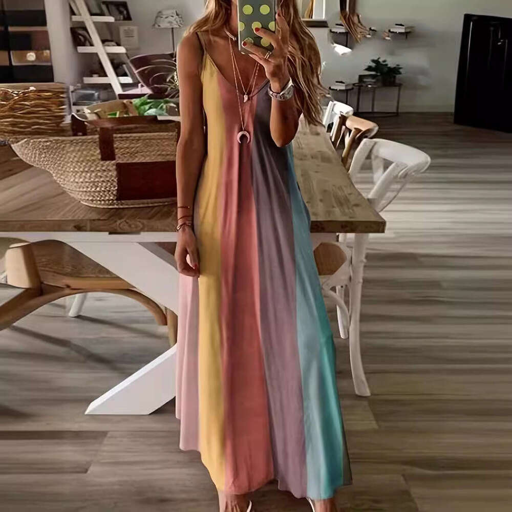 Summer Women's Long Slim Fit Colorful Gradient New Printed Strap Dress B5