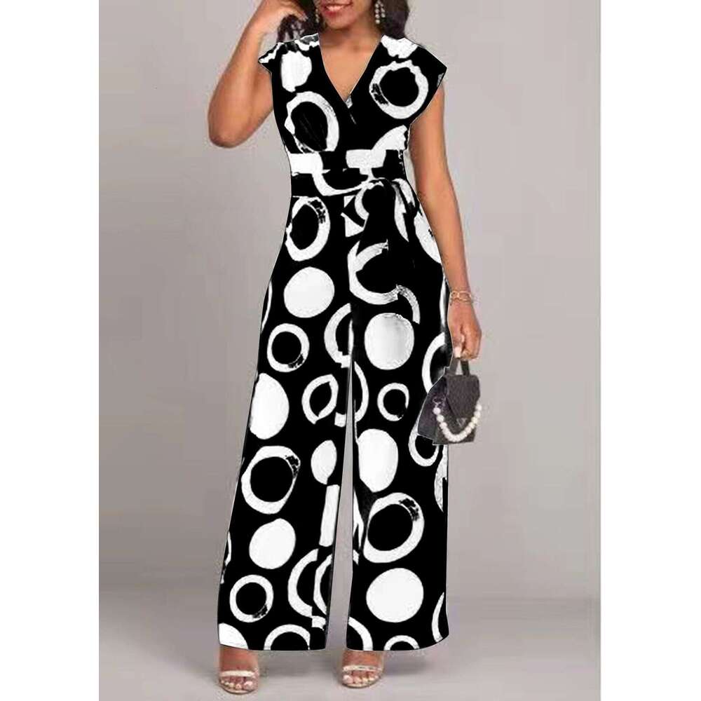 New Fashion Elegant Casual V-Neck High Waist Printed Wide-Leg Belted Jumpsuit B5