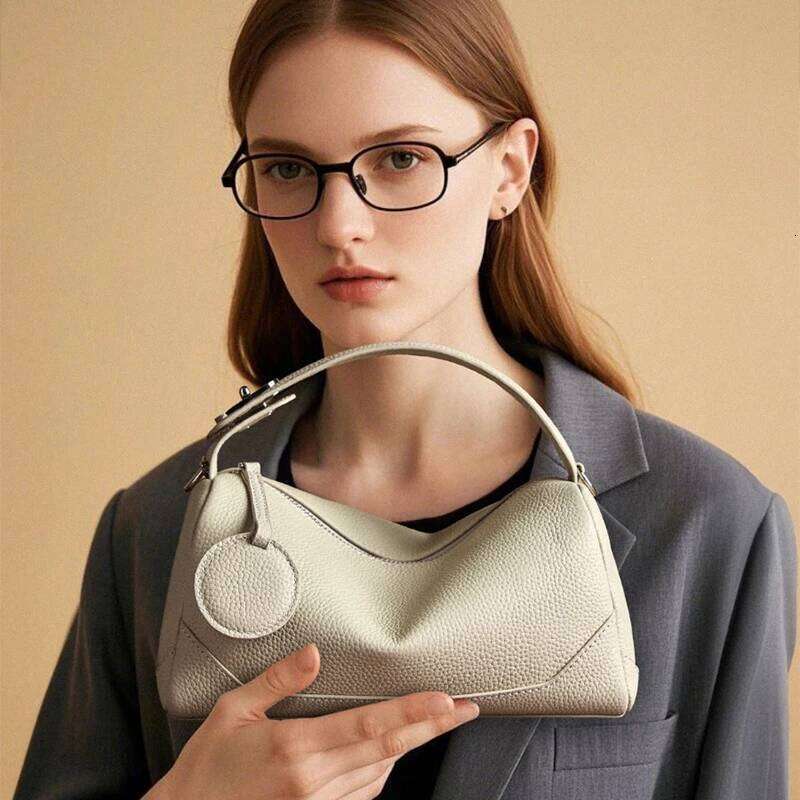 2025 New Genuine Leather Crossbody Boston Bag,Vegetable Tanned Cowhide Women Shoulder Bag,Elegant Buckle Handbag,Black/Brown