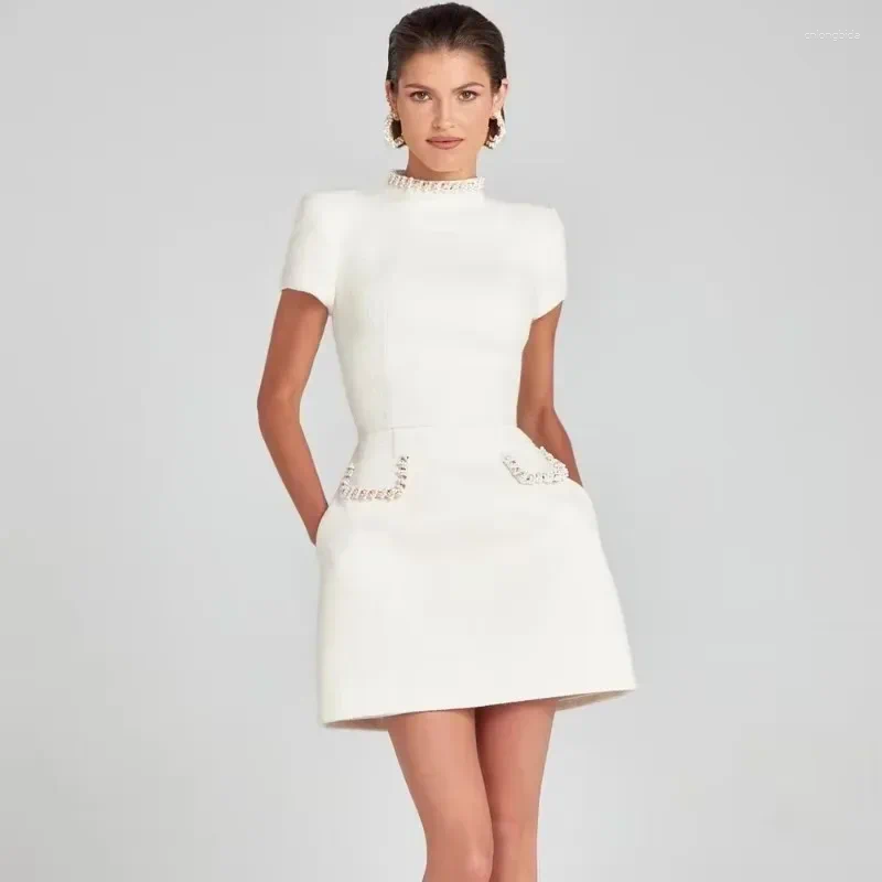 Elegant Two-Piece Tweed Dress Set, A-Line Retro Outfit, Short Sleeve Patchwork Evening Wear ddmymoon