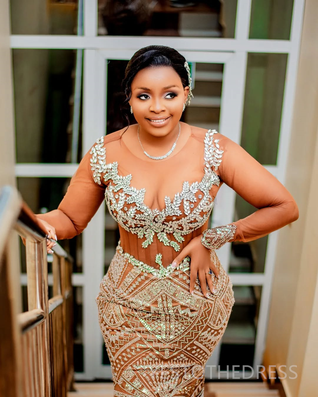 2025 Plus Size Brown Prom Dress For Black Women Mermaid Evening Dresses Robe De Soiree Sheer Neck Long Sleeves Beaded Lace Birthday Dress Second Recep