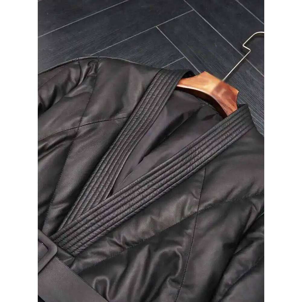 Black Fashion Cotton Jacket V Neck Long Sleeves Belt Gathered Waist Female Classic Winter Clothing New 2DB1405