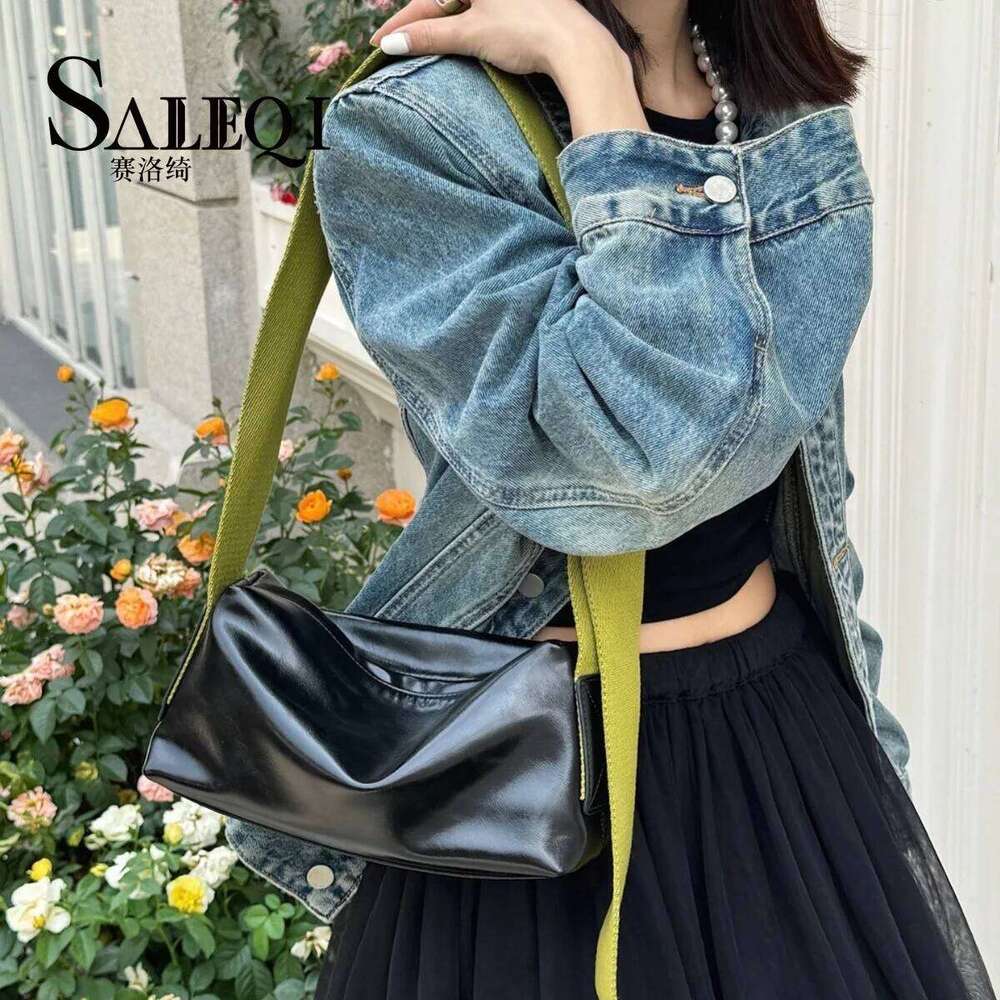 Genuine Grade Korean Women's Shoulder Crossbody Bags Cow Leather Wide Webbing Strap Luxruy Designer Brand Small Square Bag New