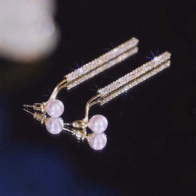 Korean Long Tassel Pearl Dangle Earrings for Women Luxury Full Rhinestone Gold Color Drop Earrings Wedding Party Jewelry Gift XJ250722