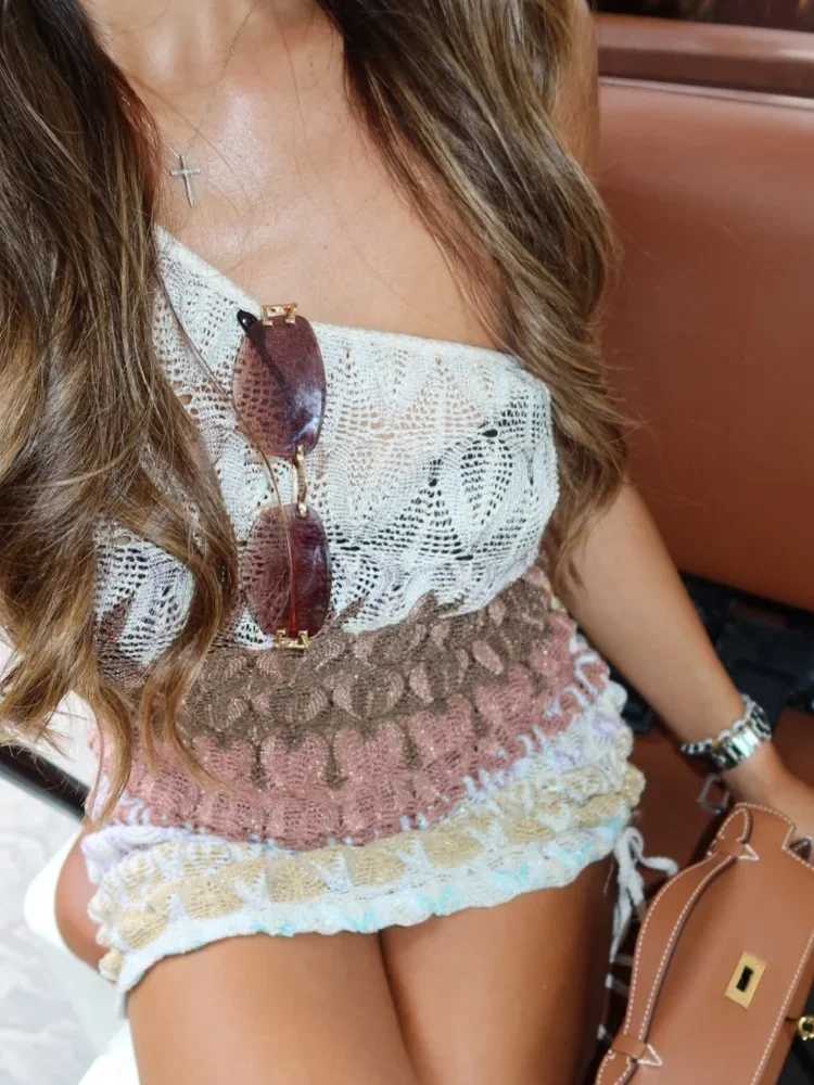 2025 New Summer Street Gown Chic Knitted Contrast Slanted Collar Dress for Women Backless Off Shoulder Slim Fit Mini Dresses XJ250722