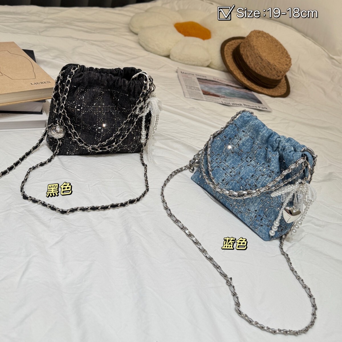 Free shipping designer bag 2025 High End Rhinestone Diamond Encrusted Quilted Denim Tote Bag For Women New Fashion Chain Shoulder Bag Crossbody Small 