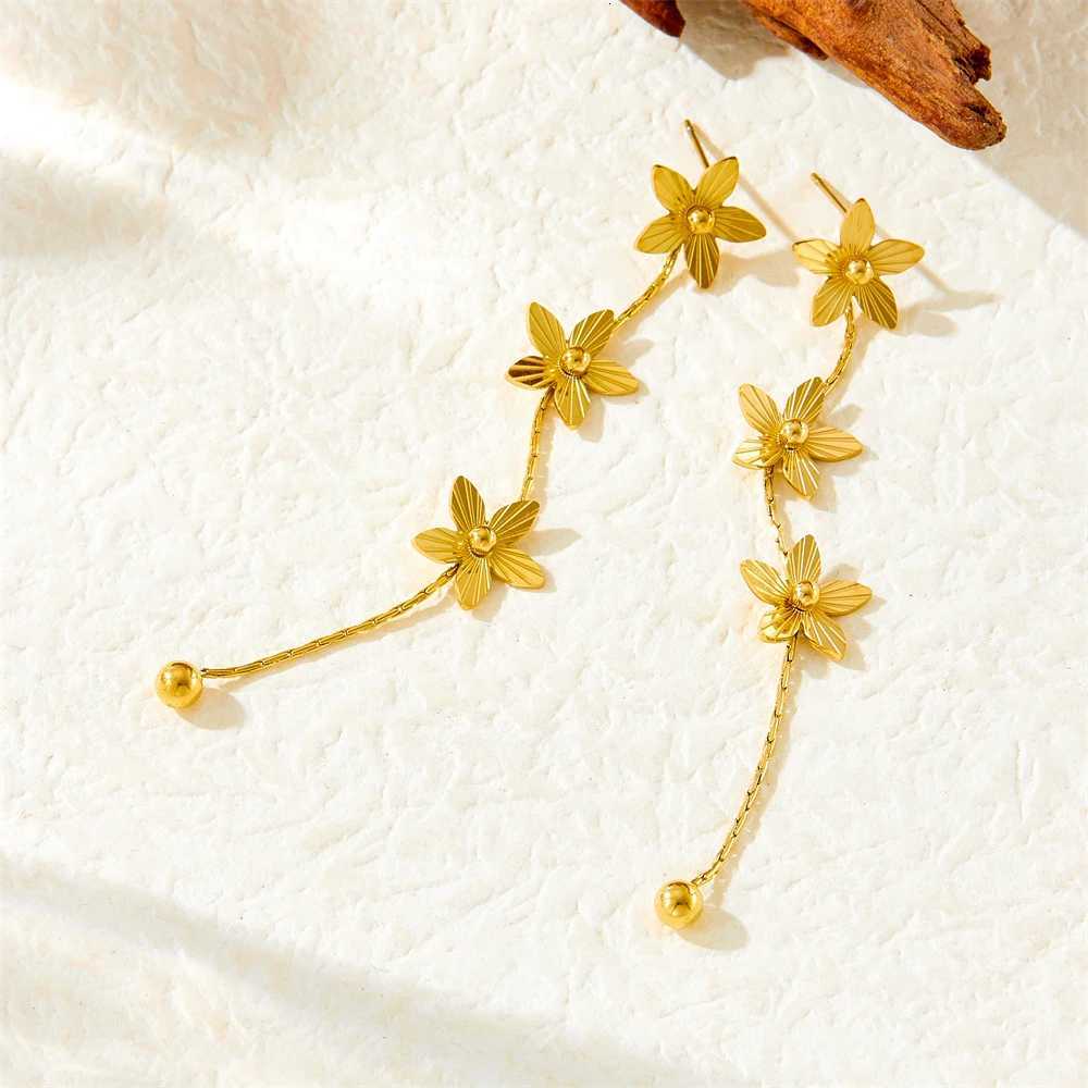 316L Stainless Steel Golden Petals Flower Round Beads Tassel Earrings for Women Fashion New Trend Ear Buckle Jewelry Gift XJ250722