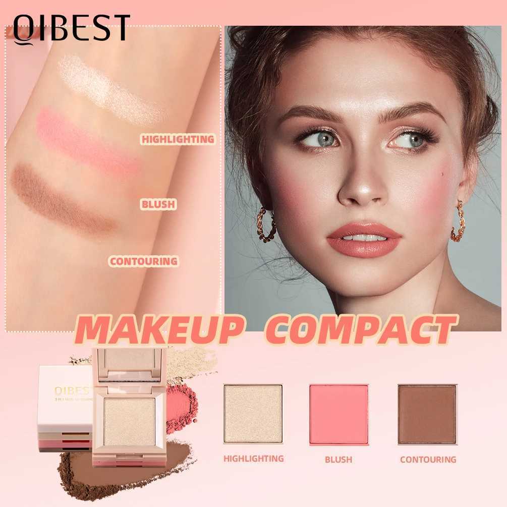 QIBEST 3 In 1 Contouring Highlight B Compact Contour Bronzer Highlighter Powder Palette Long-Lasting Face Makeup W250722