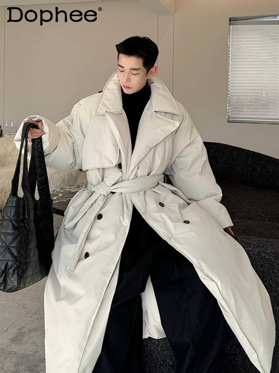 Fashionable Down Cotton-Padded Jacket Mens Trendy Winter Thickened Warm High-End Lace-Up Long Overknee Long Sleeve Coats W250722