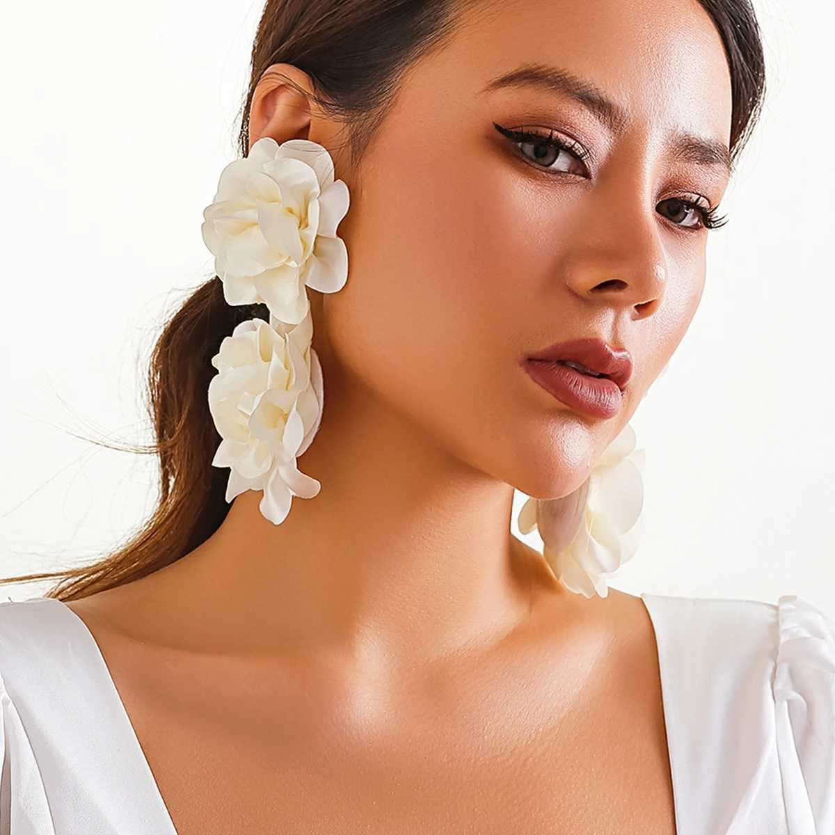 IngeSight.Z Exaggerated Satin Large Flower Long Tassel Drop Earrings for Women Romantic Party Wedding Earrings Jewelry XJ250722