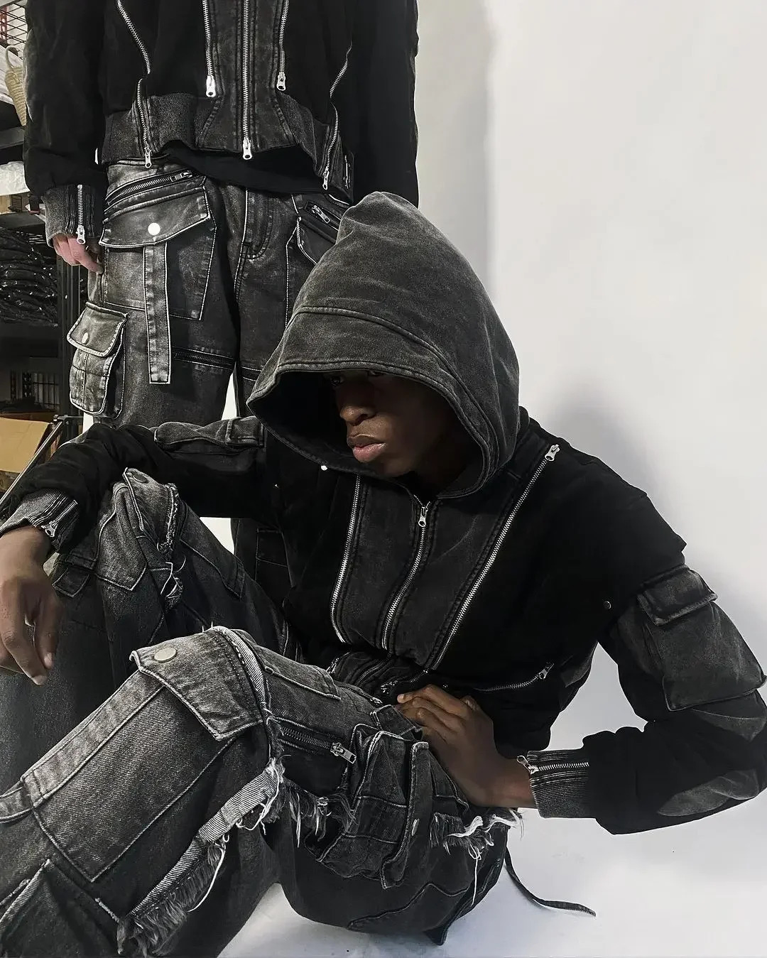 Y2K Harajuku Gothic Multi-pocket Washed Black Jeans Mens Autumn Loose Hip-hop Trousers Street Rap 90s Wide-leg Pants 250714