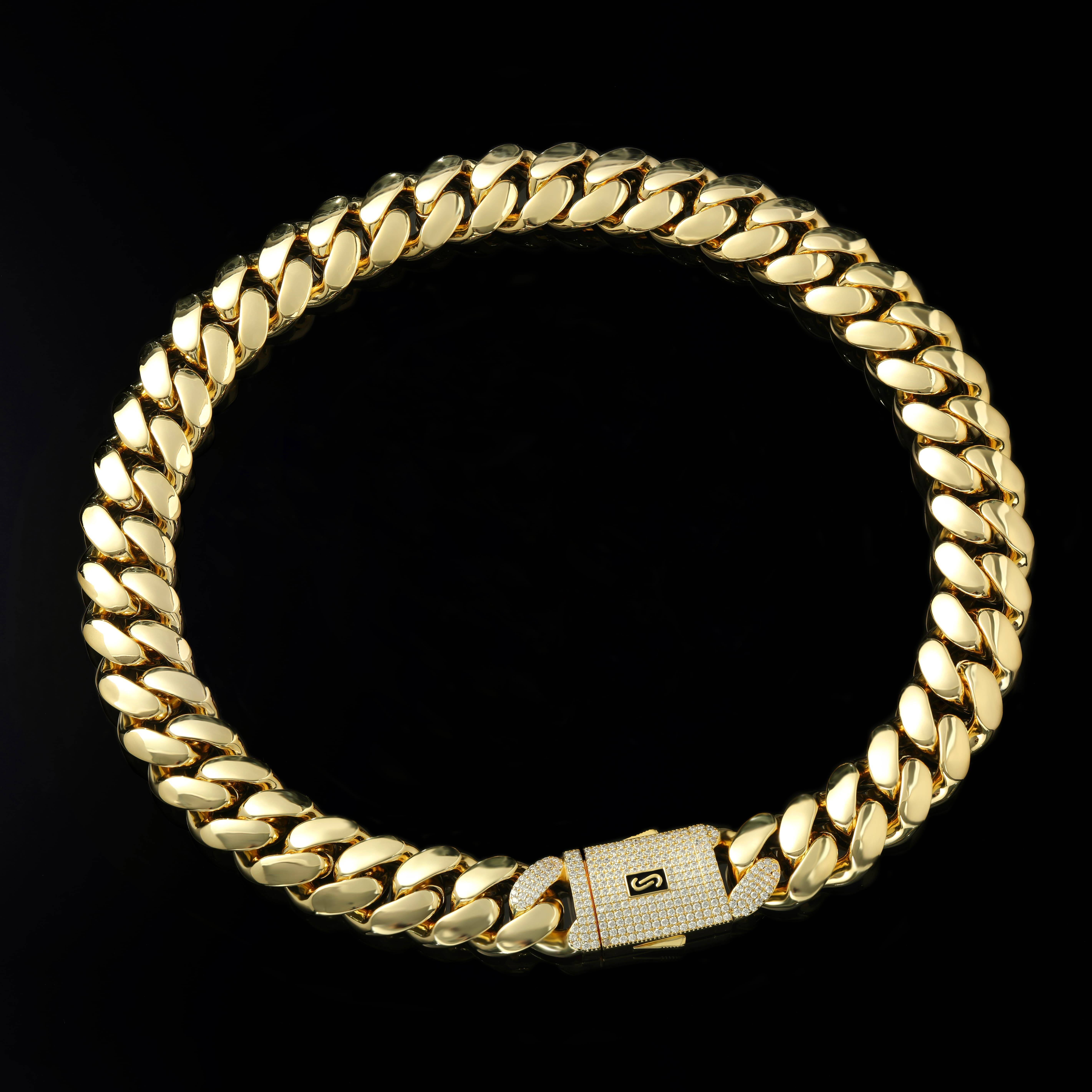 Hiphop Jewelry Iced Out Diamond Clasp Flat Monaco Chain 14K Gold Plated Cuban Link Chain Choker Necklace for Women Custom