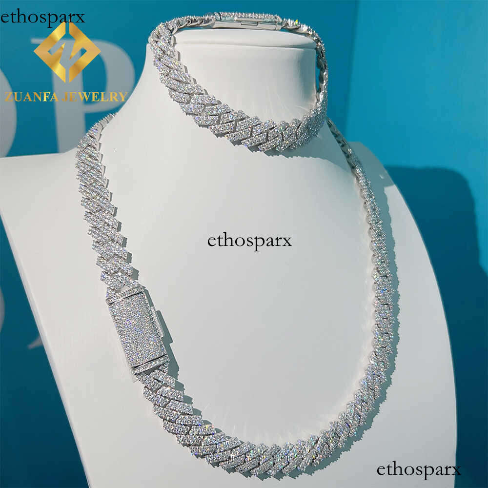 Hot sale ready to ship iced out diamond 13mm 2 rows stone VVS moissanite 925 cuban link chain