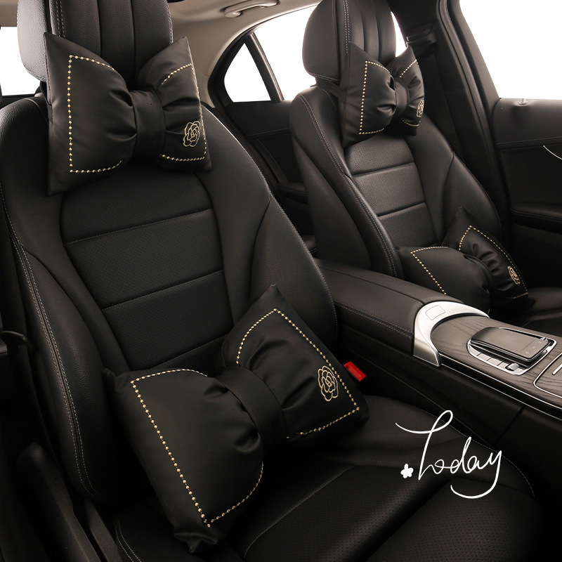 Leather Bow Embroidered Headrest Lumbar Support Set Car Neck Protection Waist Pillow Cushion