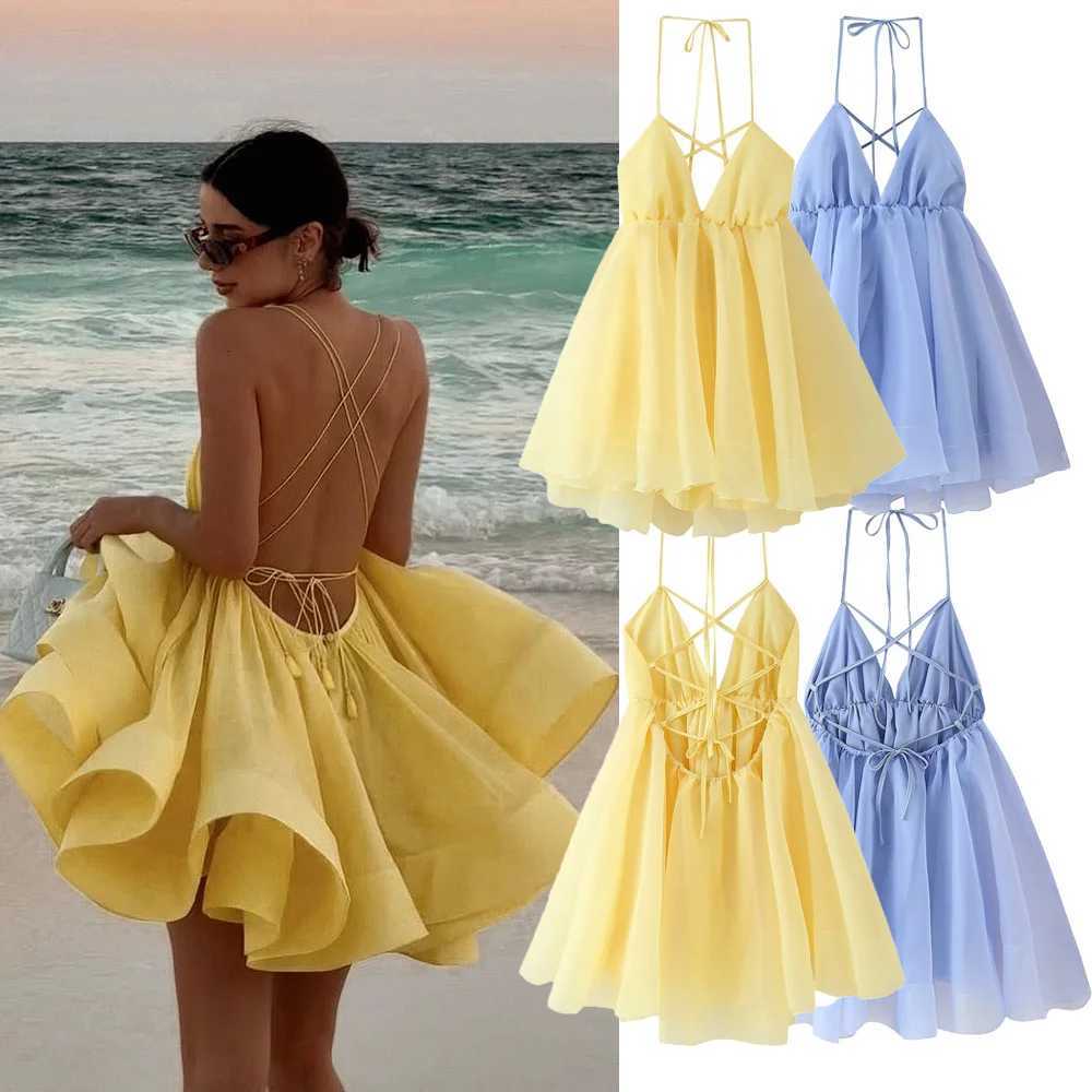 2025 Summer Sexy Backless Women Dress Lace-up Loose Pleated Hem Mini Dress Women Sleeveless High Waist Vacation Party Dress XJ250722