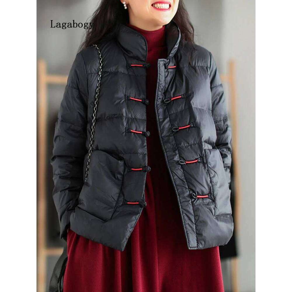 Lagabogy New Winter Warm White Duck Down Coat Women Vintage Slim Short Jacket Autumn Female Embroidery Casual Basic Parkas