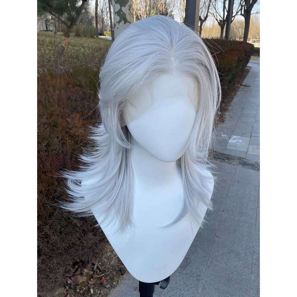 Sliver Gray 13X4 Lace Front Wig For Women Cosplay Human Hair Shoulder Length Mullet Synthetic Layers Ponytails Glueless Wigs