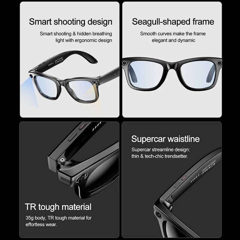 Al Smart Camera Glasses Video Recorder Wireless Bluetooth Call Music Square Sunglasses Men Women Anti Blue Light Eyeglasses
