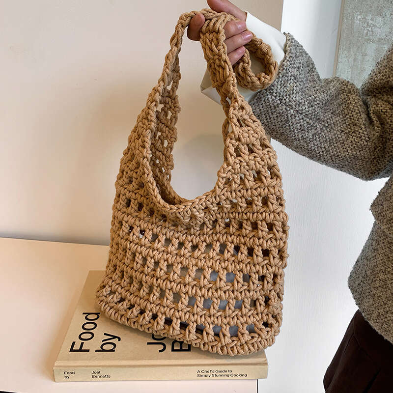 Large capacity commuting hand woven cotton thread hollow armpit bag, forest style vacation shopping bag, single shoulder handheld, dual-use for daily 