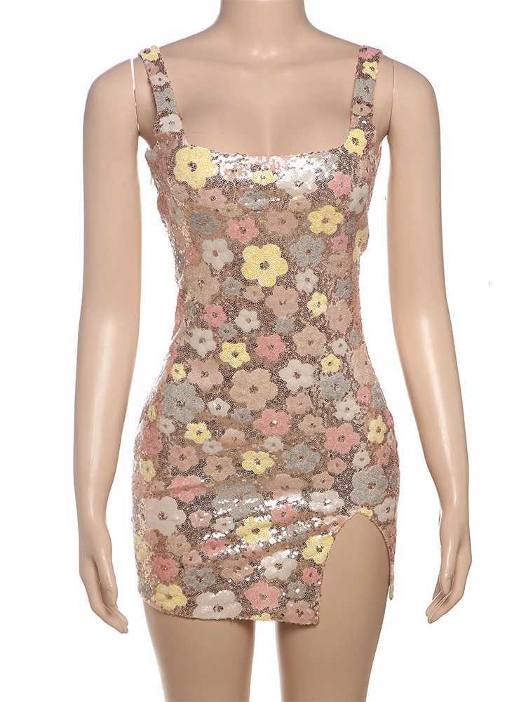 Weird Puss Colorful Flower Print Mini Dress Women Sequins Patchwork Skinny Backless Sleeveless Vacation Trend Ele Outfits XJ250722
