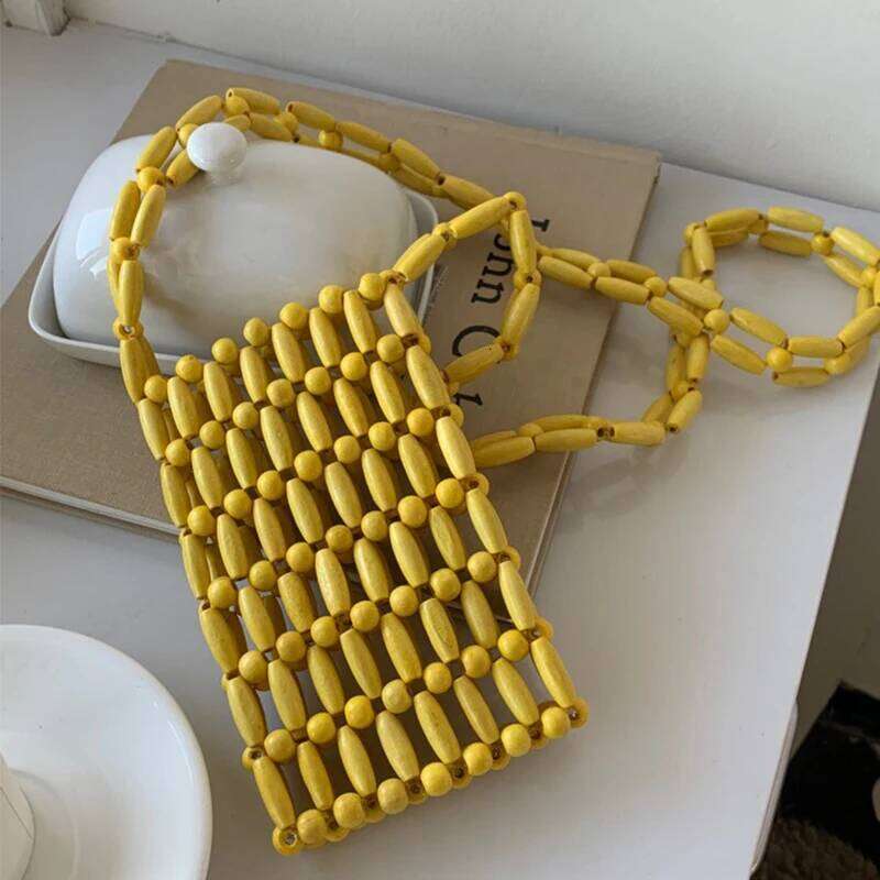 Vintage Wooden Bead Woven Mobile Phone Bag 2024 New Ins Minimalist Summer Vacation Beach Crossbody Bags for Woman