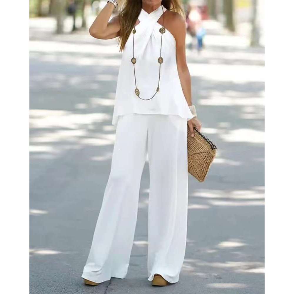 Women's Fashion New Casual Halter Neck Solid Color Sleeveless Wide Leg Long Pants Two-Piece Set B5