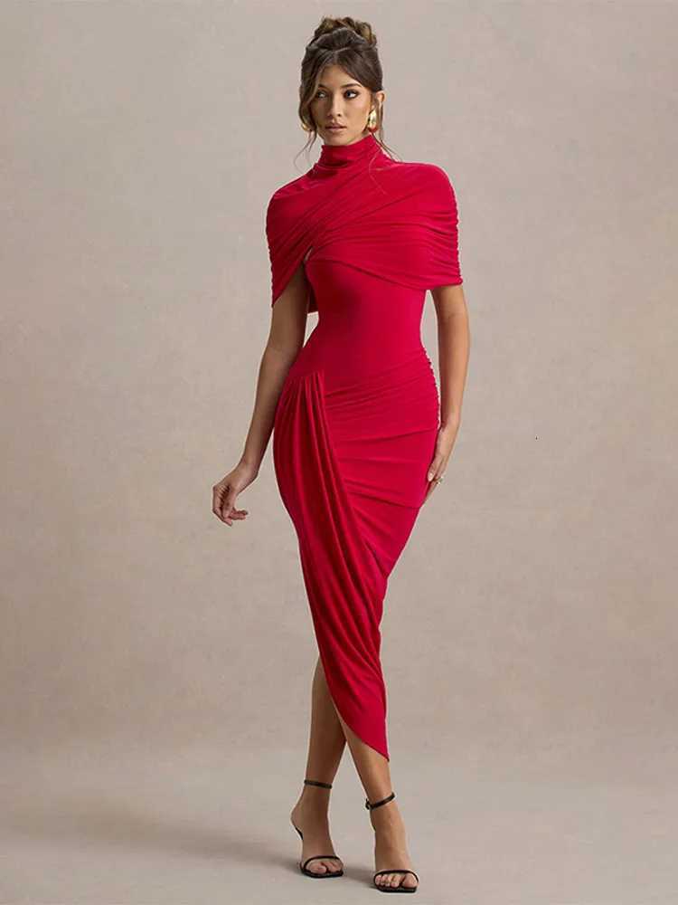 100% Solid Pleated Maxi Dresses Women Fashion Chic Round Neck High Collar Split Slim Fit Long Dresses 2025 Dinner Party Wear XJ250722