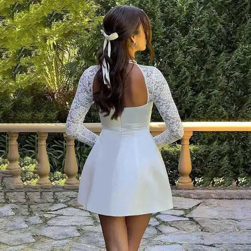 2024 Autumn Winter Womens Mini A-line Dress with Lace Patchwork Waist Wrap Backless Nightclub Sexy Party Dresses XJ250722