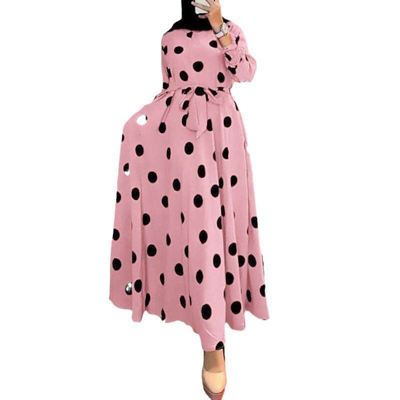 New Muslim Series Polka Dot Women's Long Sleeve Loose Fit Maxi Dress B5