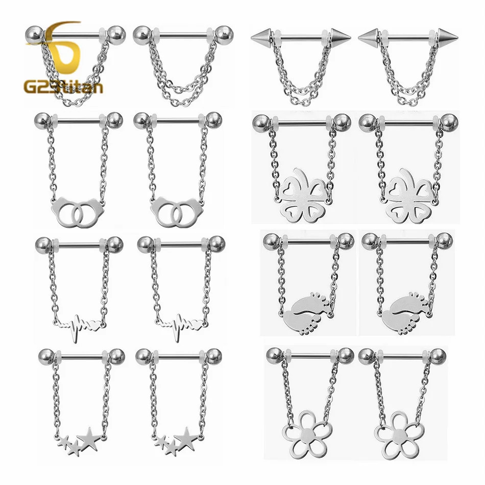 2pc Stainless Steel Chain Charm Dangle Nipple Rings Ear Cartilage Helix Earring 14G 16G Barbell Chest Piercing Jewelry 250722