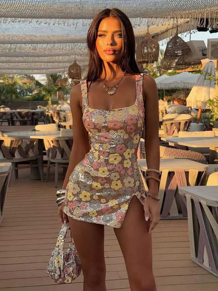 Weird Puss Colorful Flower Print Mini Dress Women Sequins Patchwork Skinny Backless Sleeveless Vacation Trend Ele Outfits XJ250722